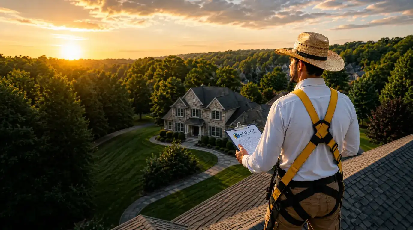 Legacy public adjuster inspecting a residential roof at sunset